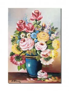 Tablou pictat manual, Vaza cu trandafiri, albastrele si margarete, 50x35cm pictura ulei pe panza, elegant