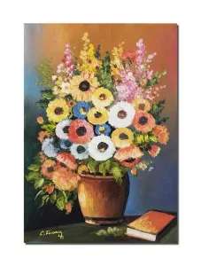 Tablou pictat manual, Vaza cu anemone si carte, 50x35cm pictura ulei pe panza, elegant