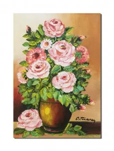 Tablou pictat manual, Vaza cu trandafiri, 50x35cm pictura ulei pe panza