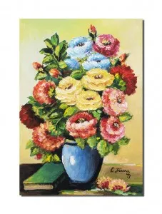 Tablou pictat manual, Vaza cu trandafiri si carte, 50x35cm pictura ulei pe panza