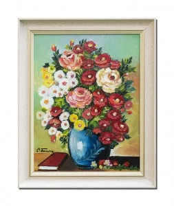 Tablou pictat manual inramat, Emotie florala, 55x45cm ulei panza