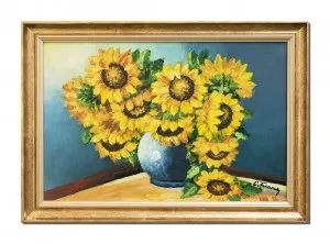 Tablou pictat manual inramat, Vaza cu floarea soarelui, 70x50cm ulei panza