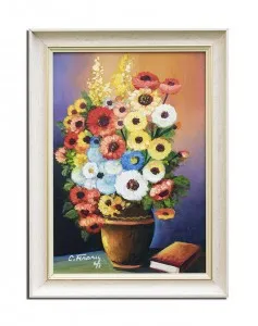 Tablou pictat manual inramat, Vaza cu anemone si carte - 60x45cm ulei panza