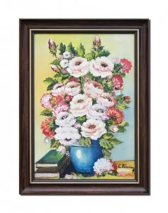 Tablou pictat manual inramat, Vaza cu trandafiri si carti - 60x45cm ulei panza