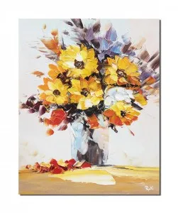 Tablou pictat manual, Vaza cu floarea soarelui, stilizat - 50x40cm ulei in cutit efect 3D