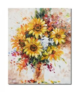 Tablou pictat manual, Floarea soarelui, stilizat - 60x50cm ulei pe panza in cutit efect 3D