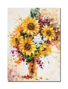 Tablou pictat manual, Aranjament cu floarea soarelui - 70x50cm ulei panza in cutit efect 3D