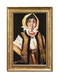 Tablou pictat manual inramat - Tarancuta cu basma galbena (2) - 35x25cm ulei panza, reproducere Nicolae Grigorescu