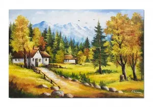 Tablou pictat manual GIGANT, Peisaj montan, oaza de liniste - 120x80cm ulei pe panza, Magnific!