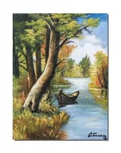Tablou pictat manual, Peisaj din natura cu barca la mal, calmitate - 40x30cm ulei pe panza