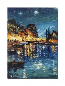 Tablou pictat manual, Noapte instelata - pictura 70x50cm ulei pe panza, reproducere Vincent van Gogh