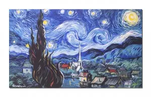 Tablou pictat manual, Noapte instelata - pictura 100x60cm ulei pe panza, repro Vincent van Gogh, Magistral!