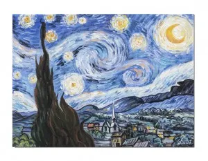 Tablou celebru pictat manual, Noapte instelata - 40x30cm ulei pe panza, reproducere Vincent van Gogh