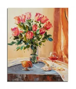 Tablou pictat manual, Trandafirii mei, stilizat - 60x50cm ulei pe panza in cutit efect 3D