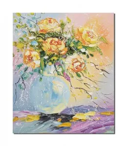 Tablou pictat manual, Aranjament cu trandafiri galbeni, stilizat - 60x50cm ulei pe panza in cutit efect 3D, Elegant