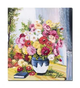 Tablou pictat manual, Vaza cu flori si carte - 45x40cm ulei pe panza, superb