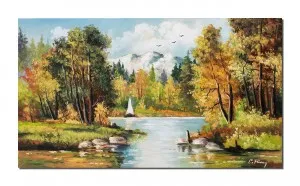 Tablou pictat manual, Peisaj din natura cu iola - 70x40cm tablou ulei pe panza