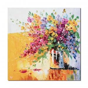 Tablou living, dormitor pictat manual - Vaza cu flori multicolore, stilizat - 80x80cm ulei pe panza in cutit, efect 3D, Magnific!