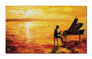 Tablou pictat manual living - Pianistul, stilizat - 100x60cm ulei pe panza in cutit efect 3D, Spectaculos
