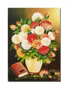 Tablou pictat manual, Vaza cu flori si carte - 35x25cm ulei pe panza, Fabulos