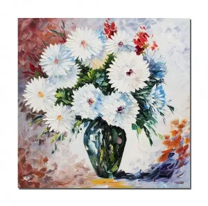 Tablou living, dormitor pictat manual - Vaza cu flori, eleganta in alb - 80x80cm ulei pe panza in cutit, efect 3D, Magnific!
