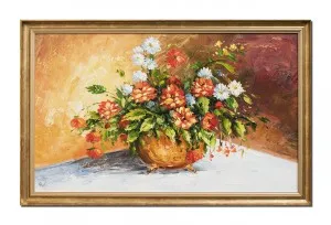 Tablou pictat manual inramat living, dormitor - Fericire, aranjament floral - 110x70cm ulei pe panza in relief, efect 3D, Fabulos!