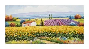 Tablou pictat manual living - O zi minunata, peisaj cu floarea soarelui si lavanda - 120x60cm ulei pe panza in cutit efect 3D, Spectaculos!