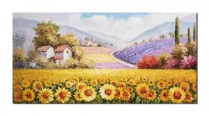 Tablou GIGANT pictat manual living, dormitor, Peisaj cu floarea soarelui si lavanda, o zi minunata, 140x70cm ulei pe panza in cutit efect 3D