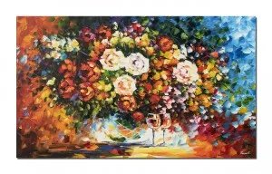 Tablou pictat manual living, Aranjament floral in cutit cu pahare - 100x60cm ulei pe panza in cutit efect 3D