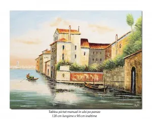 Tablou pictat manual GIGANT living - Peisaj Venetian - 120x90cm ulei in cutit efect 3D, Superb!