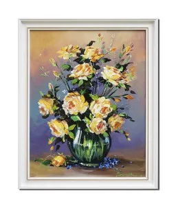 Tablou pictat manual inramat living, dormitor, hol - Vaza cu trandafiri galbeni - 55x45cm ulei pe panza, Fabulos