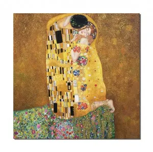 Tablou GIGANT pictat manual - The Kiss - Sarutul - 100x100cm ulei pe panza, reproducere Gustav Klimt, Magistral
