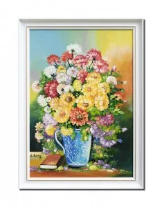 Tablou pictat manual inramat, Vaza cu flori multicolore si carte - 80x60cm pictura ulei panza, Magistral!