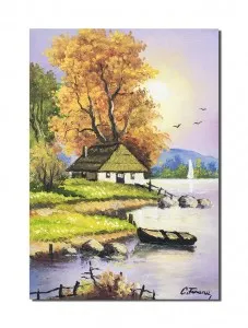 Tablou pictat manual, Apus de soare cu barca, casa si iola - 50x35cm pictura ulei pe panza