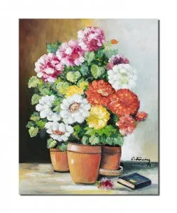 Tablouri flori pictat manual, Aranjament cu bujori si carte - 50x40cm ulei pe panza, Magistral