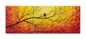 Set 2 piese tablou pictat manual, living - Pasari pe ramura de copac, Amorezi - 160x60cm ulei pe panza in cutit efect 3D