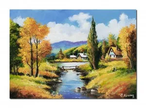 Tablou living pictat manual - Peisaj din natura, oaza de liniste, 70x50cm pictura ulei pe panza, Magnific