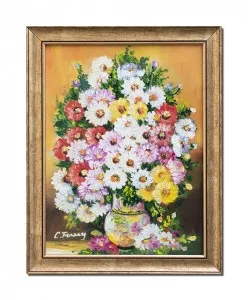 Tablou pictat manual inramat, Vaza cu flori multicolore, 45x35cm ulei pe panza, Superb!