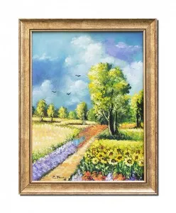 Tablou pictat manual inramat, Peisaj din natura, zi frumoasa de vara, 45x35cm ulei pe panza Superb