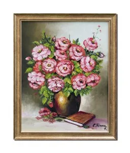 Tablou pictat manual inramat, Parfum floral, vaza cu flori si carte - 55x45cm pictura ulei panza, Fabulos