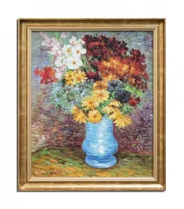 Tablou pictat manual inramat, Flori in vaza albastra - 70x60cm ulei pe panza, repro Vincent van Gogh