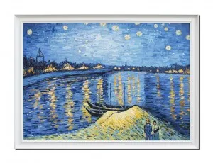 Tablou living inramat pictat manual, Noapte instelata peste Ron, 110x80cm ulei pe panza reproducere Vincent van Gogh