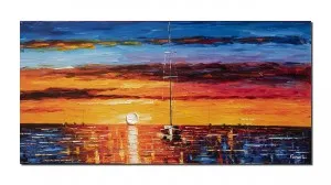 Tablou pictat manual - In zori, peisaj marin cu velier - 120x60cm ulei pe panza in cutit efect 3D, Spectaculos!