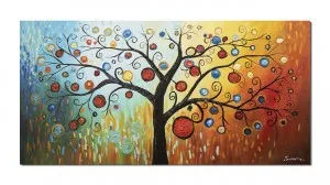 Tablou GIGANT pictat manual living, birou - Bucurie, copacul vietii, 140x70cm ulei panza, superb