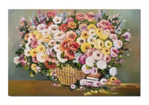 Tablou GIGANT pictat manual living, Cos cu flori multicolore, 120x80cm ulei pe panza, FABULOS!