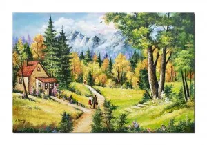 Tablou GIGANT pictat manual living, Peisaj de la munte, Amintiri din copilarie, la bunici - 120x80cm ulei pe panza