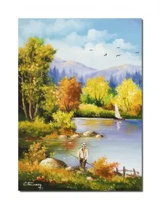 Tablou pictat manual, Peisaj din natura cu pescar si iola, calmitate - 70x50cm ulei pe panza, Superb