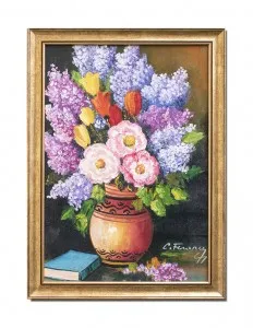 Tablou pictat manual inramat, Vaza cu flori si carte - 55x40cm ulei pe panza