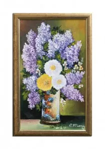 Tablou pictat manual inramat, Aranjament floral cu liliac - 55x35cm ulei pe panza