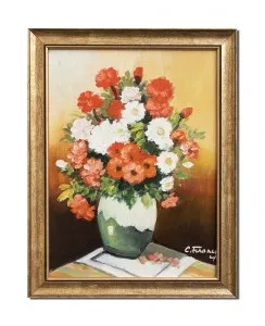 Tablou pictat manual inramat, Vaza cu flori, parfum floral - 45x35cm ulei pe panza, Superb